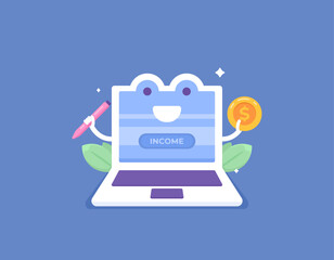 passive income. work online or remotely. earn money from the internet. illustration of laptop character holding a pencil and a coin. concept design. Vector Elements