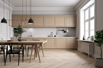 Fototapeta na wymiar Modern Scandinavian Kitchen with Empty Wall