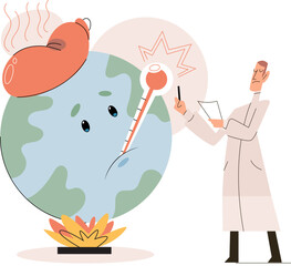 Global warming metaphor concept. Scientist studies problem of rising temperatures on planet Earth. Makes analysis of ecology and environment. Scientific research on climate change, environmental tests