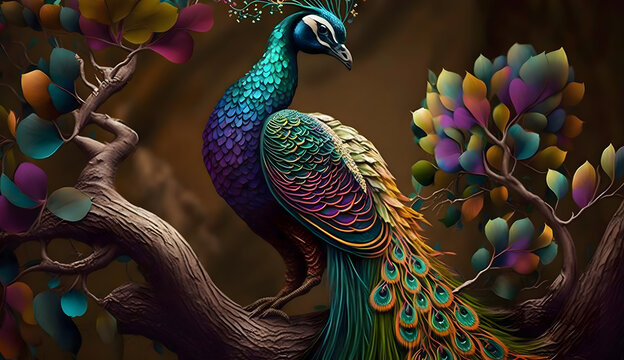 Beautiful Peacok on the tree, created using Generative AI Technology