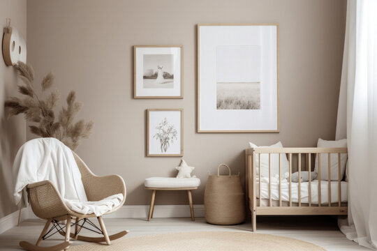 Modern Minimalist Bright Nursery Room with Picture Frames