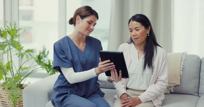 Tablet, video call or nurse consulting woman medical report results or news about rehabilitation. Consultation, digital or mature Asian patient talking or speaking to a doctor for helping advice