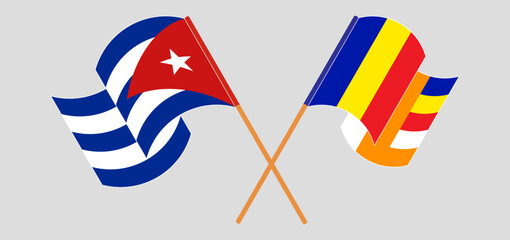 Crossed and waving flags of Cuba and Buddhism