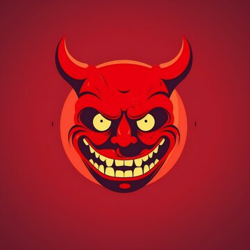 Illustration of a red devil smiley face with horns in a red background, generative AI