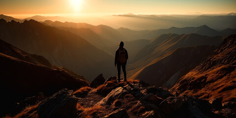 Fototapeta premium Summit Sunrise. Awe and Accomplishment of a Hiker on a Mountain Peak at Sunrise. Generative AI