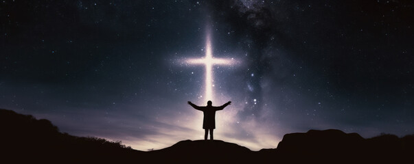 A silhouette of a worshiping person with their arms lifted appears next to a Christian cross sign in the night sky.. Generative AI