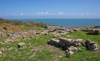 Fototapeta na wymiar ruins of Tharros, an ancient Phoenician city in the Sinis peninsula in Cabras in central Sardinia 