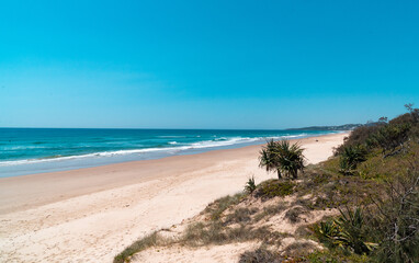Beautiful wide panoramic view of the Peregian beach with rolling waves of Pacific ocean, Sunshine Coast, Queensland, Australia.