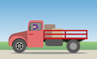 Small, old style lorry with a happy driver. Red vintage camion. Vector Illustration.