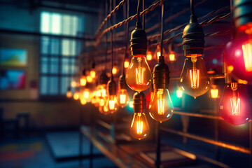 Among many hanging light bulbs, one glows brilliantly, showcasing innovation and leadership