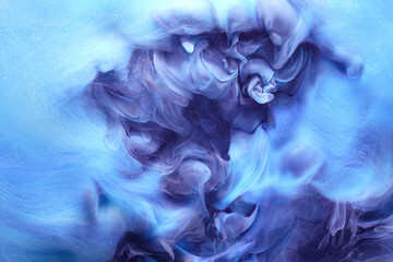 Blue contrast liquid art background. Paint ink explosion, abstract clouds of smoke mock-up,...