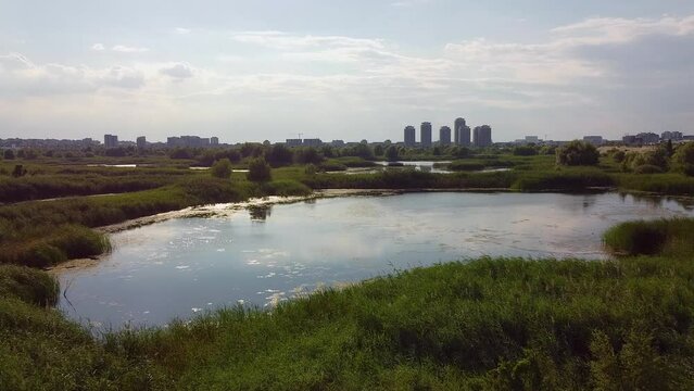 Drone Footage- Awe-Inspiring Aerial View of Vacaresti Delta's Scenic Beauty, Featuring Flourishing Greenery, Diverse Avian Wildlife, and Majestic High-Rises in the Background