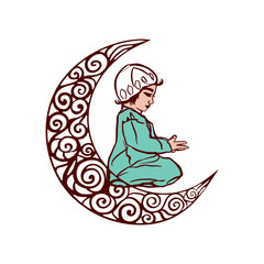Religious muslim boy reading Namaz. Ramadan vector illustration.
