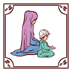 Religious muslim boy and woman reading namaz on white background for islamic holy month of prayers ramadan kareem.