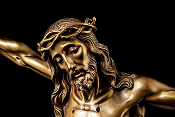 Fototapeta na wymiar Jesus Christ golden or gold statue with thorns. Christianity messiah or saviour most important figure. Crucifiction and resurrection religious faith symbol. Ai generated