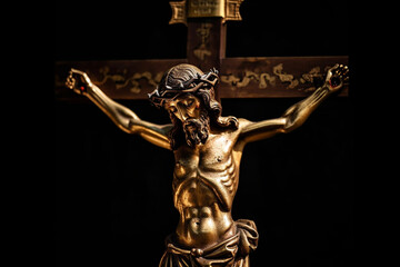 Fototapeta premium Jesus Christ golden or gold statue with thorns. Christianity messiah or saviour most important figure. Crucifiction and resurrection religious faith symbol. Ai generated