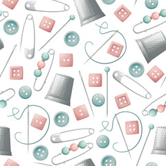 Seamless pattern with pins, thimble and buttons. Sewing atelier, needlework, hobby. Suitable for fabric, wallpaper, decor, clothes, wallpaper