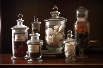 Apothecary jars. Old pharmacy jars. Concept of aromatherapy, homeopathy, alternative medicine. Generative AI