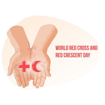 Red Cross and Red Crescent Day. A vector image covering the hands that hold a red cross and a crescent.