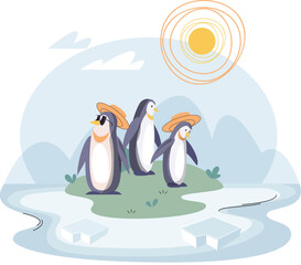 Group of penguins suffering standing on small green hill surrounded by melting ice in Antarctic cold landscape with iceberg and bright sun. Melting glaciers due to global warming, climate change