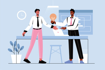 Business solution blue concept with people scene in the flat cartoon style. Two business colleagues make important decisions to improve their business . Vector illustration.