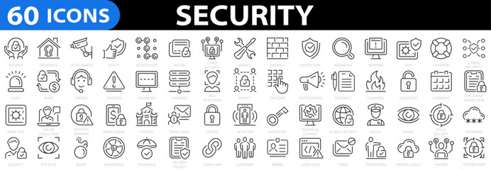 Security 60 icon set. Cyber Security and internet protection icons. Secured payment, encryption, safety, insurance, data protection, detector, sensor, locked, electronic key. Vector illustration