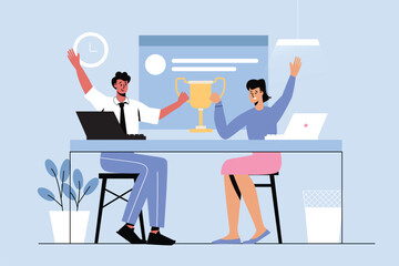 Business success blue concept with people scene in the flat cartoon design. Business people are happy for joint success in their business. Vector illustration.