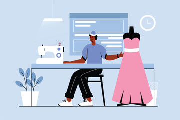 Creative workers blue concept with people scene in the flat cartoon style. Fashion designer is working on sketches for a new dress. Vector illustration.