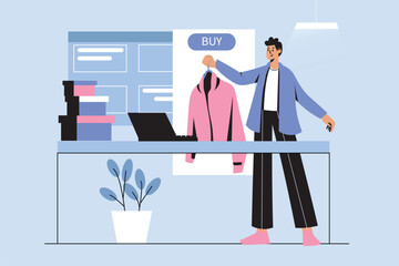 Online shopping blue concept with people scene in the flat cartoon design. Man wants to buy new clothes in an online store. Vector illustration.