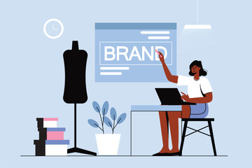 Branding blue concept with people scene in the flat cartoon design. Creative designer works on improving the image for a client company. Vector illustration.