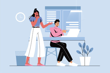 Blue concept Internet news with people scene in the flat cartoon style. Young couple reads news on the Internet. Vector illustration.