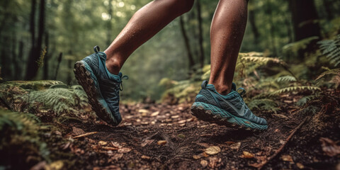 Lady trail runner on a forest path, close-up of her trail running shoes. The runner in motion, with both feet lifted off the ground. Generative AI