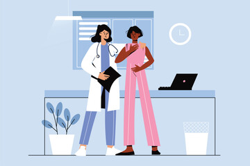 Medical office blue concept with people scene in the flat cartoon style. The patient came to thank the doctor who treated her. Vector illustration.