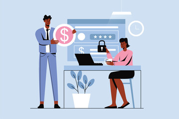 Online banking blue concept with people scene in the flat cartoon design. Man came to the bank to set up the online banking functions. Vector illustration.