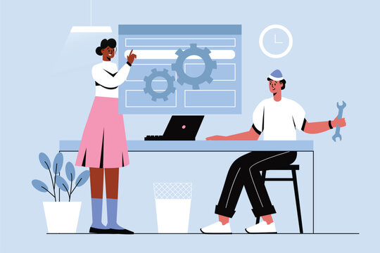 Optimize website blue concept with people scene in the flat cartoon design. Technicians work on optimizing websites for various companies. Vector illustration.