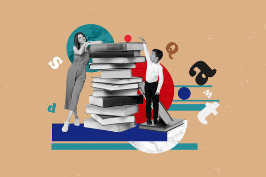 Composite 3d collage template of schoolboy enjoy learning education much books with his literature teacher isolated on beige background