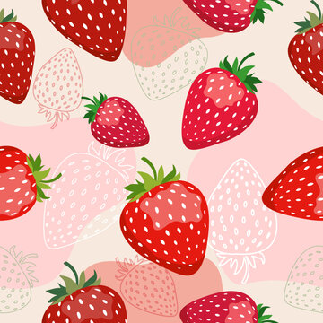 Seamless vector pattern with red strawberries on a pink background with spots in a flat style. Ideal for print, wrapping paper, wallpaper, fabric, design.