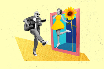Creative collage of black white gamma grandfather sing play guitar excited girl jump hold sunflower picture frame isolated on painted background