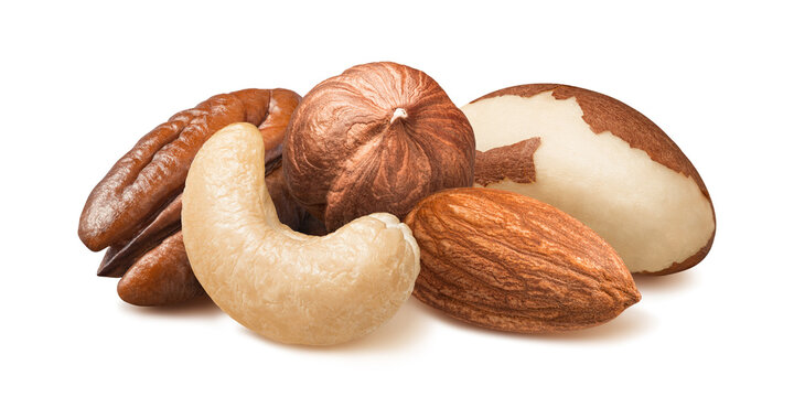 Cashew, almond, pecan, hazelnut and brazil nut isolated on white background