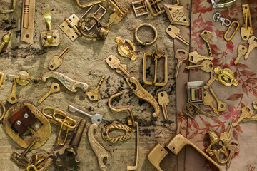 old metal brass things - keys, locks, hinges, buckles