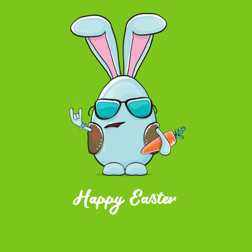 Easter bunny badass and funny cartoon character with bunny ears isolated on green background. rock n roll easter party poster or happy easter greeting card with blue rabbit