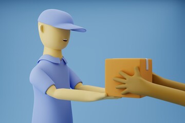 3D character of a delivery man wearing a blue shirt and blue hat delivering a package to a customer with a smile. e-commerce icon character. isolated on blue background. 3d illustration, 3d rendering.