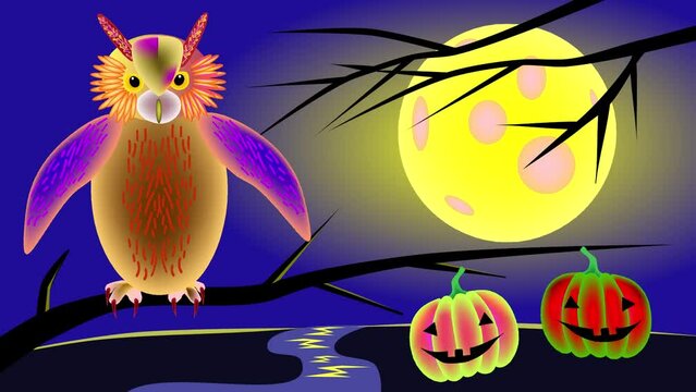 Owl and two funny colorful pumpkins on the background of the moon. Halloween background.