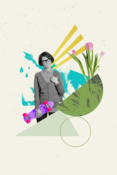 Vertical collage image of minded black white gamma girl hold skateboard contemplate fresh tulip flower raindrop isolated on creative background