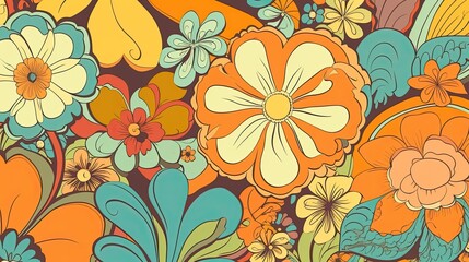 Retro 70s poster art featuring trippy LSD patterns and flower power motifs in shades of orange, yellow, green and pale blue. Generative AI