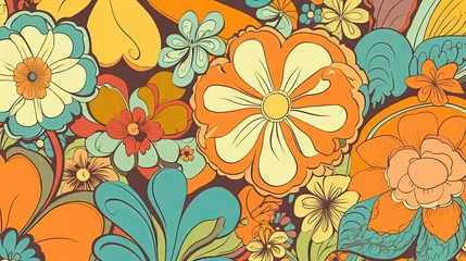 Fotobehang Retro 70s poster art featuring trippy LSD patterns and flower power motifs in shades of orange, yellow, green and pale blue. Generative AI © Gelpi