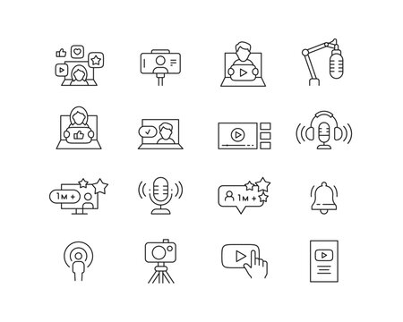 Video and Podcast Icon collection containing 16 editable stroke icons. Perfect for logos, stats and infographics. Change the thickness of the line in Adobe Illustrator (or any vector capable app).