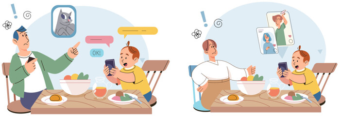 Little boy using tablet, child watching smartphone while eating at kitchen at home. Irritated dad is nervous that kid distracted during feeding and spends too much time with gadgets, phone addiction