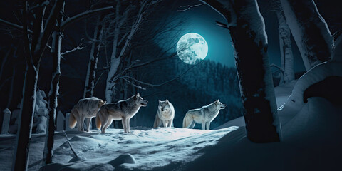 Howling wolves at moonlight, created with Generative AI technology.