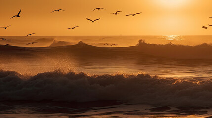 A flock of seagulls flying over the waves, created with Generative AI technology.